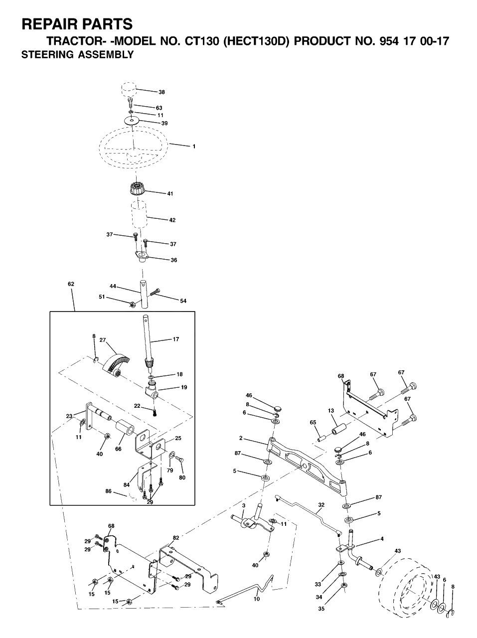 Steering Diagram and Parts List for CT130 (954170017-D)(2001-01) Husqvarna Lawn Tractor