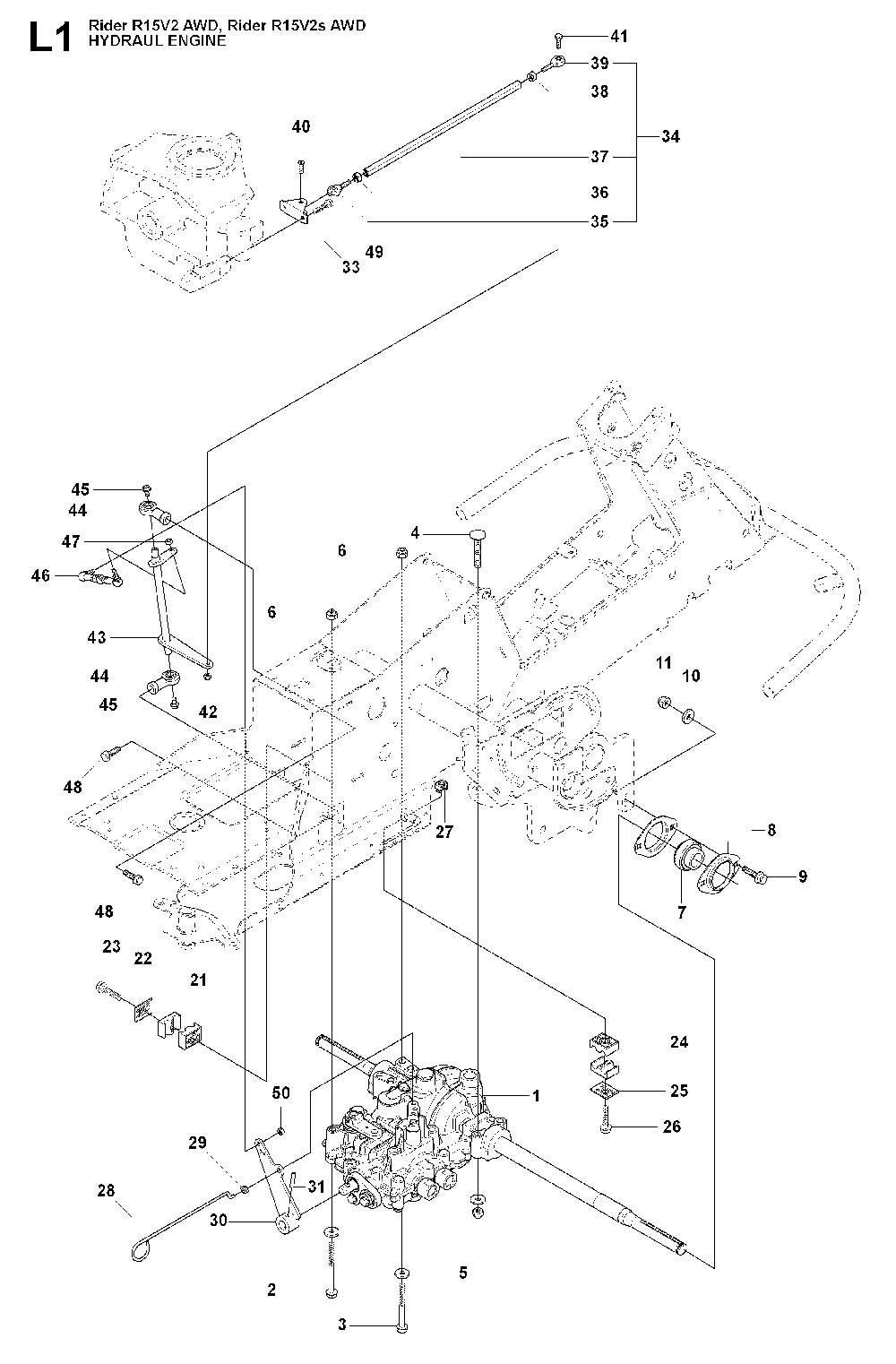 Hydraulic Pump - Motor Diagram and Parts List for RIDER15V2SAWD (965200901)(2009-04) Husqvarna Lawn Tractor