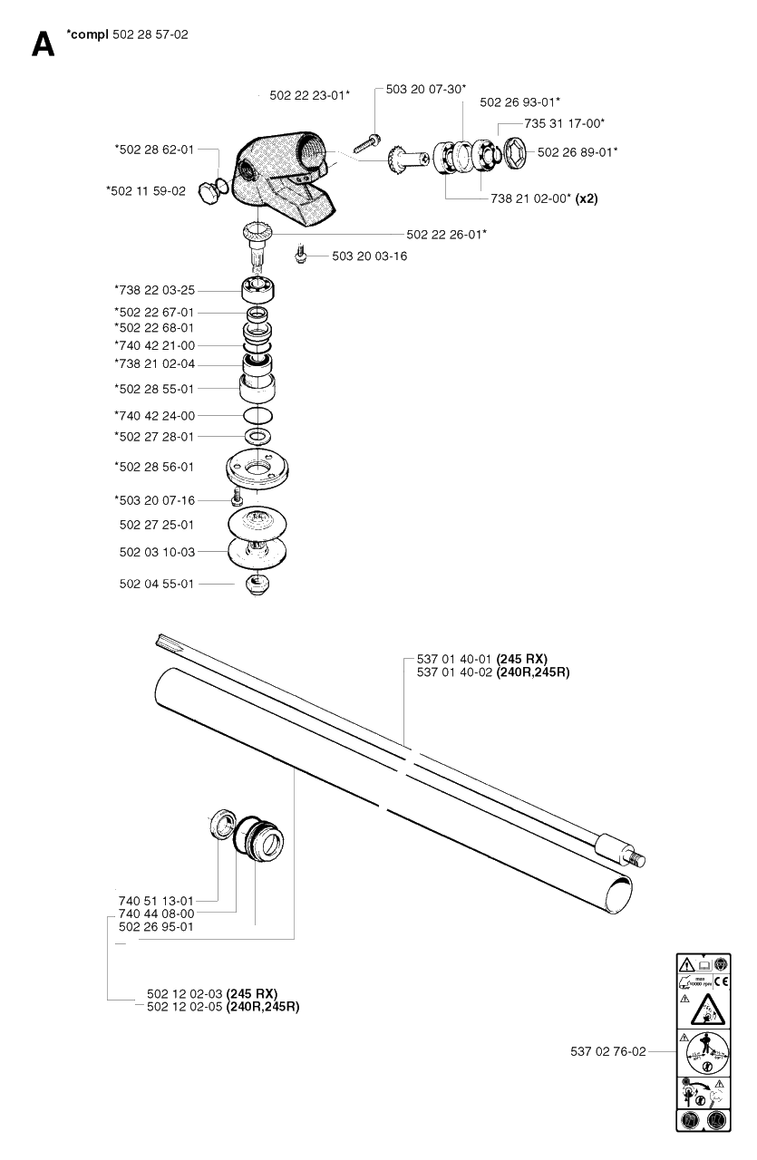 Bevel Gear And Shaft Diagram and Parts List for 245RX 20023100001 & Above Husqvarna Trimmer