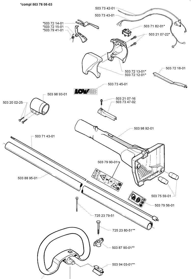 Handle And Shaft Assembly Diagram and Parts List for 225 (Lite)(106252061)(1998-12) Husqvarna Trimmer