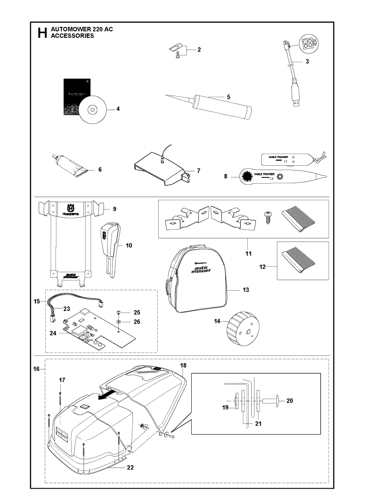 Accessories Diagram and Parts List for 220AC 2015-01 Husqvarna Lawn Mower