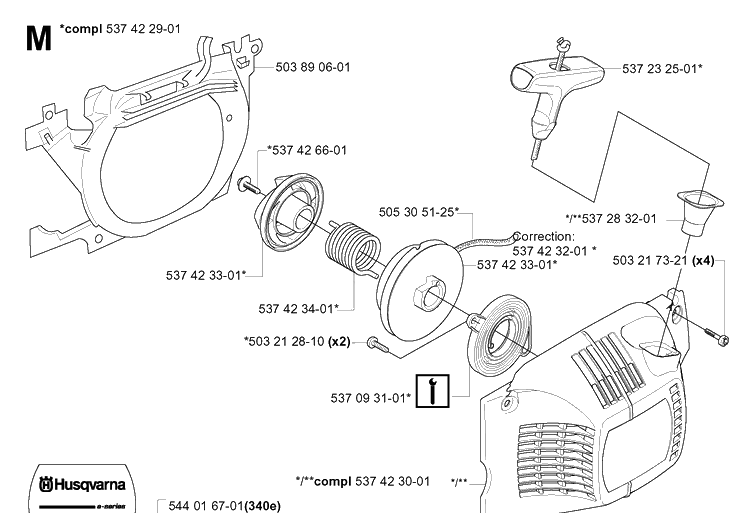 Starter Diagram and Parts List for 340E 20051800001-20062300000 Husqvarna Chainsaw
