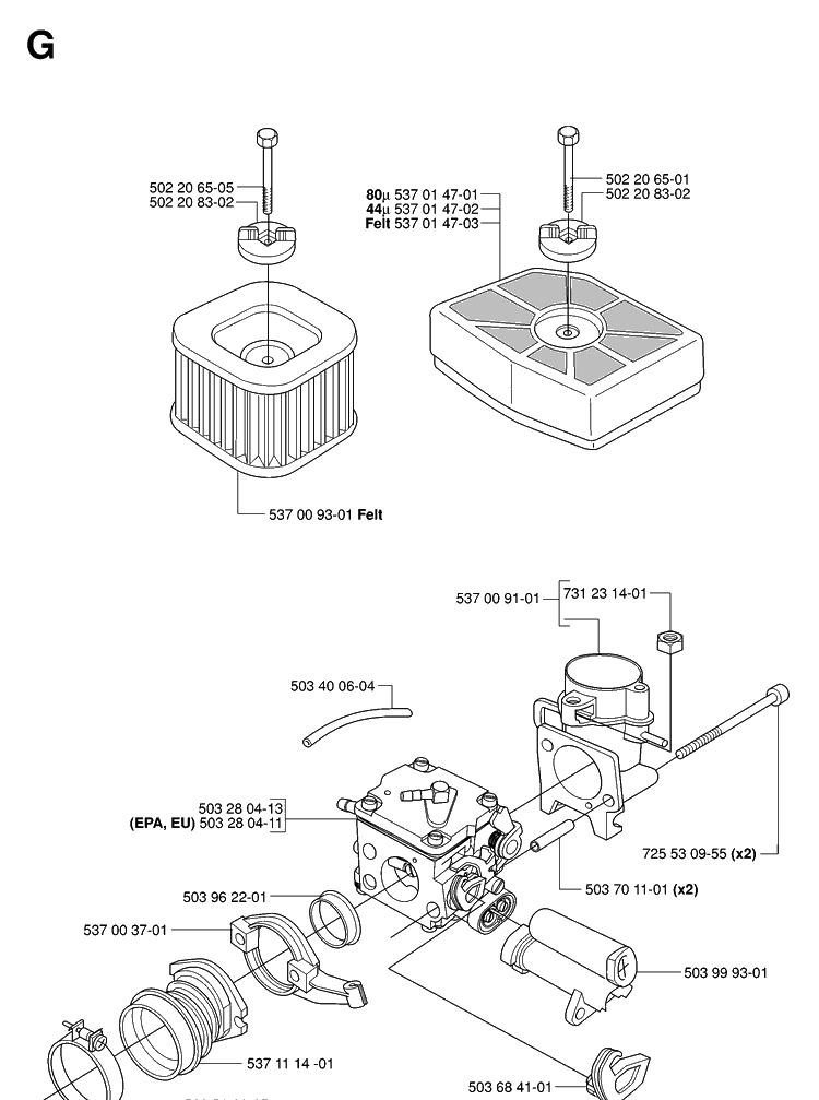 Carburetor And Air Filter Diagram and Parts List for 385XP 20064000001-Current Husqvarna Chainsaw