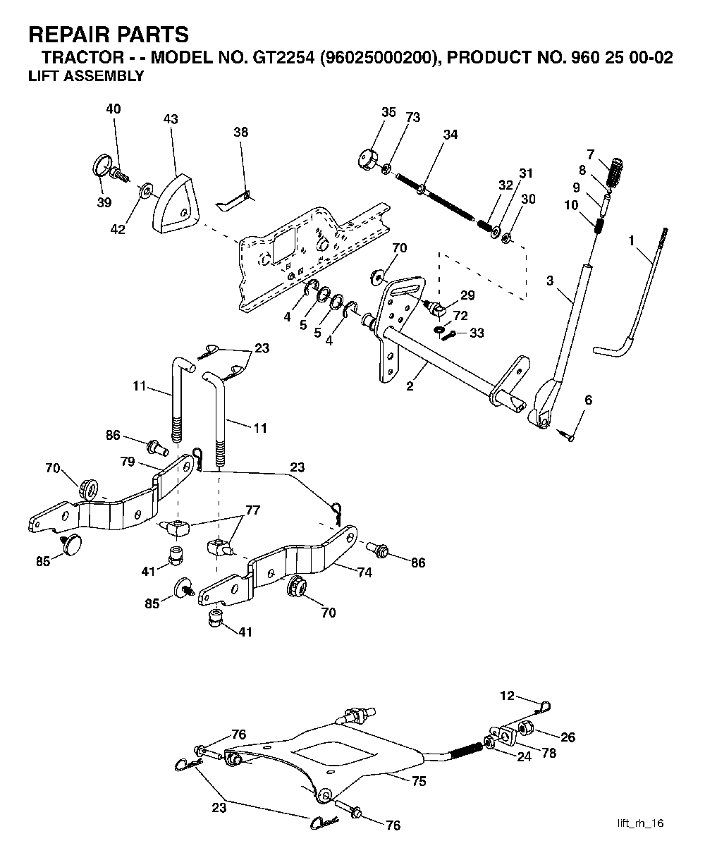 Mower Lift / Deck Lift Diagram and Parts List for GT2254 (96025000200)(2005-05) Husqvarna Lawn Tractor
