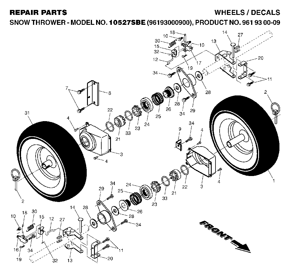 Wheels And Tires Diagram and Parts List for 10527SBE (96193000900, 961930009)(2006-05) Husqvarna Snow Blower