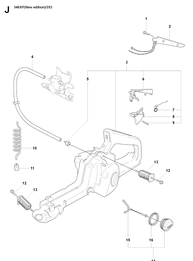 Fuel Tank Diagram and Parts List for 353 20071300001-20090400000 Husqvarna Chainsaw