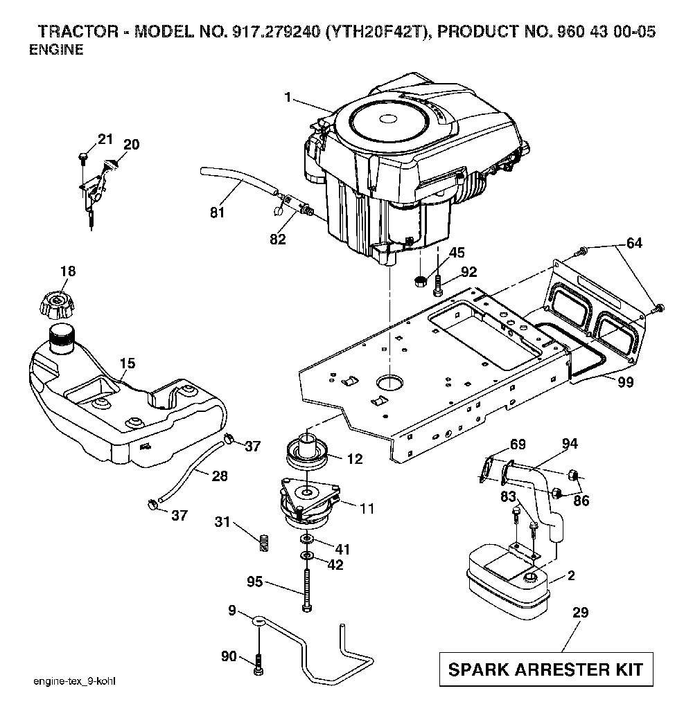 Engine Diagram and Parts List for YTH20F42T (917279240, 960430005)(2006-02) Husqvarna Lawn Tractor