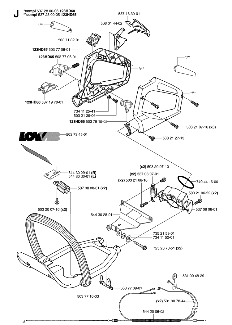 Handle And Controls Diagram and Parts List for 123HD60 20070500001-20070900000 Husqvarna Hedge Trimmer