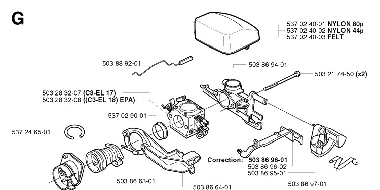 Carburetor And Air Filter Diagram and Parts List for 353 20023500001-20041000000 Husqvarna Chainsaw