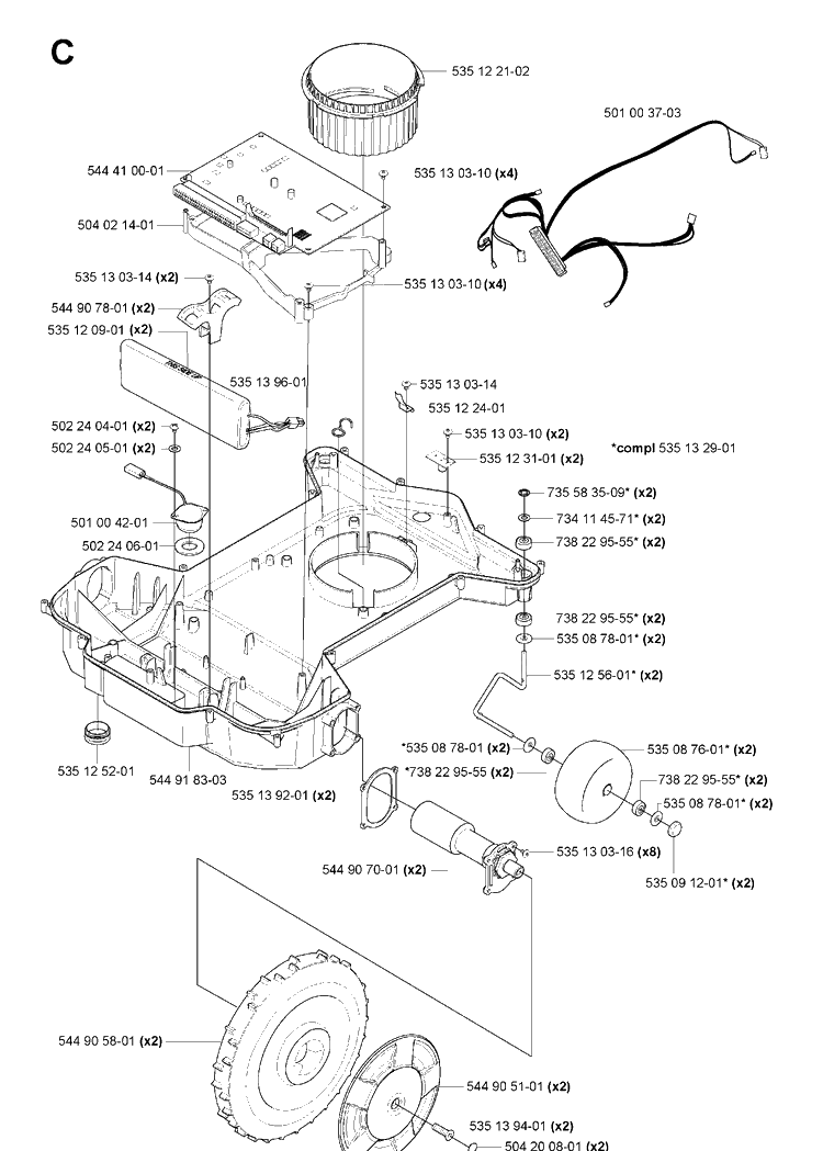 Chassis Lower Diagram and Parts List for 230ACX 2007-05 Husqvarna Lawn Mower