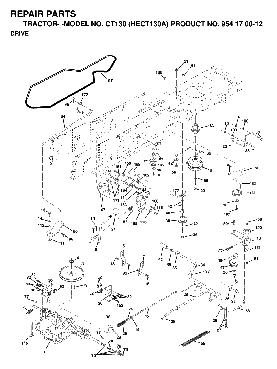 Drive Diagram and Parts List for CT130 (954170012-A)(1999-03) Husqvarna Lawn Tractor