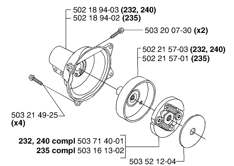 Clutch/Drum Diagram and Parts List for 232L 2002-09 Husqvarna Brush Cutter