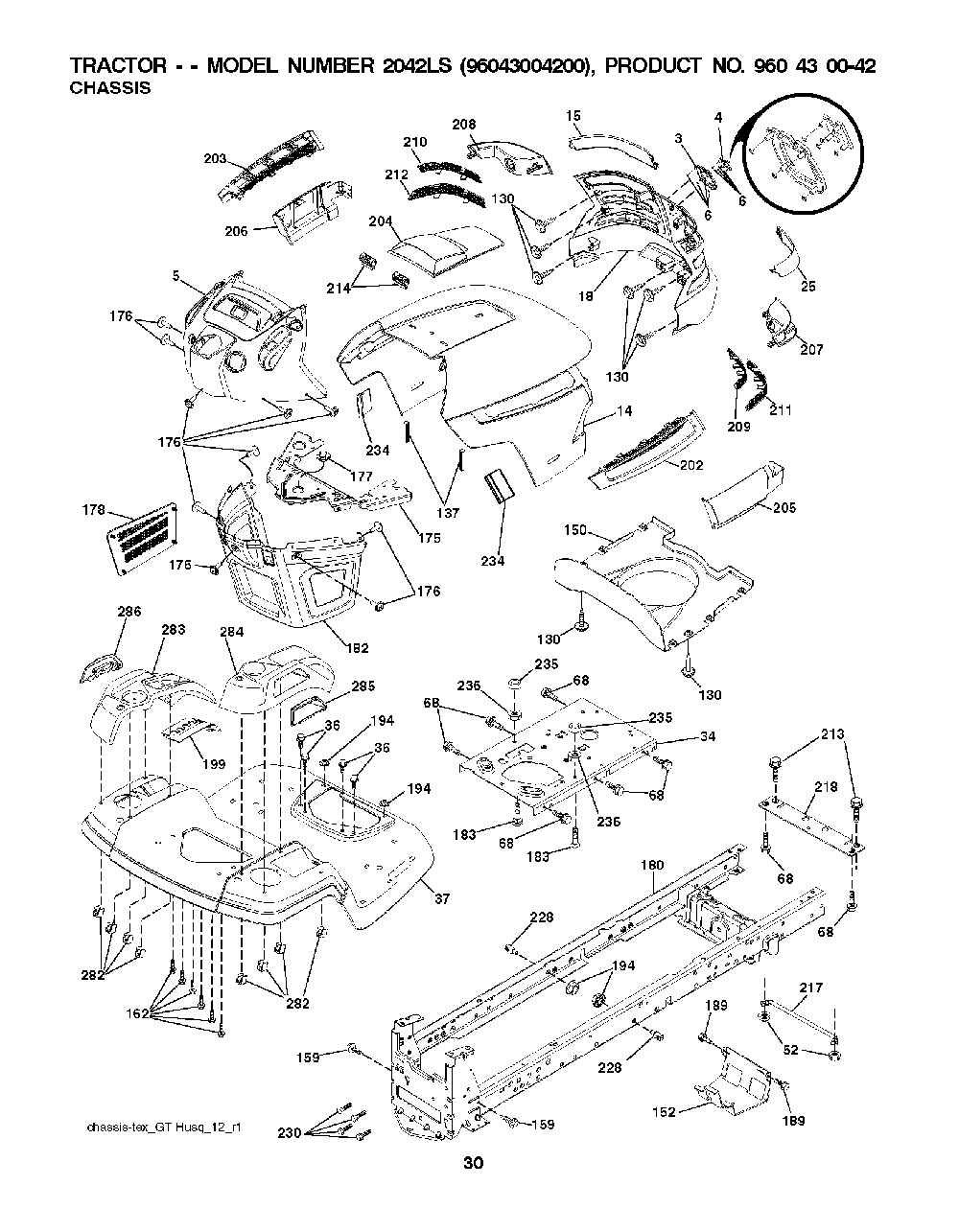 Chassis / Frame Diagram and Parts List for 2042LS (96043004200)(2008-01) Husqvarna Lawn Tractor