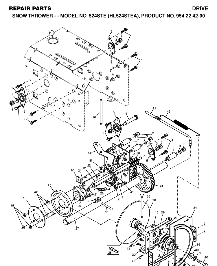 Drive Diagram and Parts List for 524STE (HL524STEA)(2004-08) Husqvarna Snow Blower