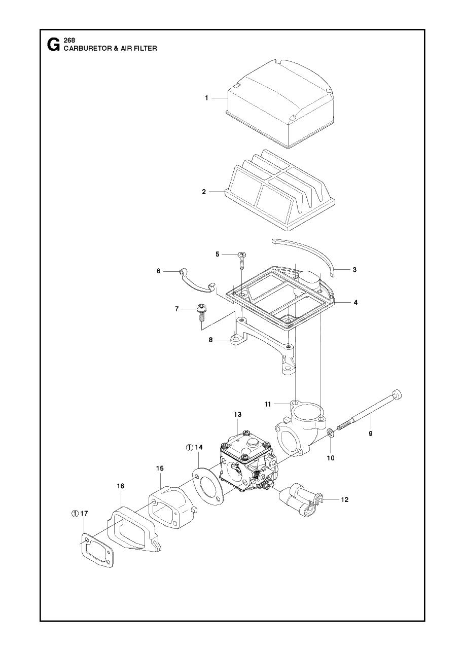 Carburetor And Air Filter Diagram and Parts List for 268 20182200001 & Above Husqvarna Chainsaw