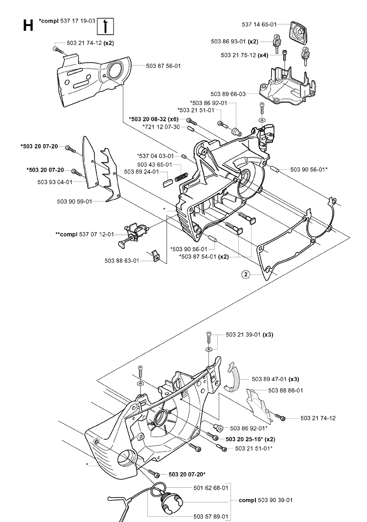 Crankcase Diagram and Parts List for 346XP 20032200001-20041000000 Husqvarna Chainsaw