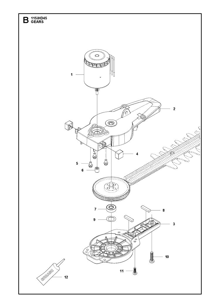 Gears Diagram and Parts List for 115IHD45 (967098301)(20170600001-Current) Husqvarna Hedge Trimmer