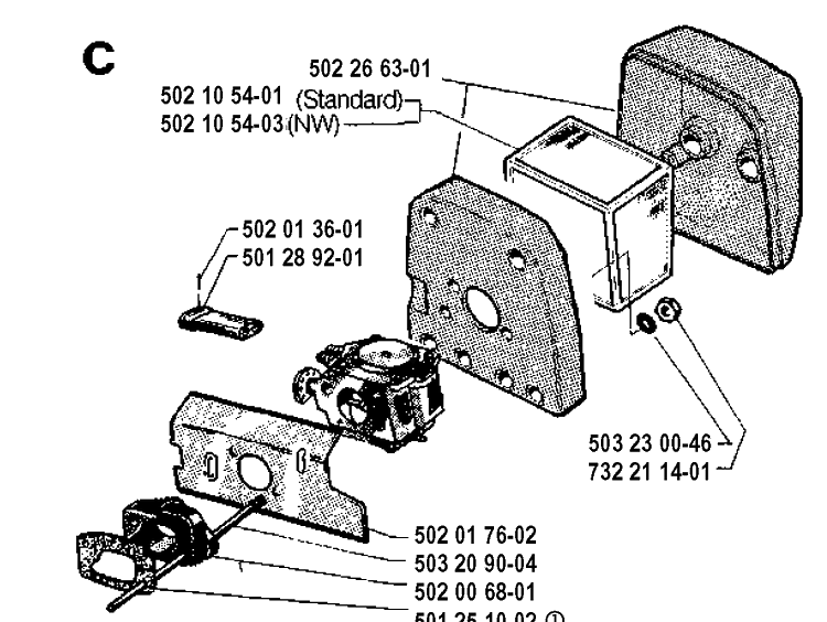 Carburetor And Air Filter Diagram and Parts List for 265RX 19921800001-19954500000 Husqvarna Brush Cutter
