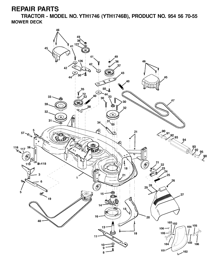 Mower Deck / Cutting Deck Diagram and Parts List for YTH1746 (954567055)(2001-01) Husqvarna Lawn Tractor