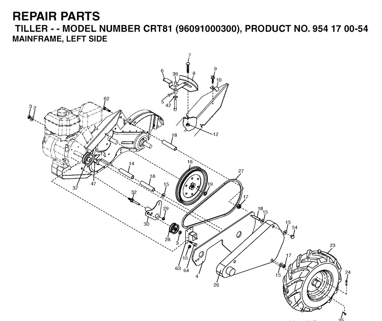 Mainframe, Left Side Diagram and Parts List for CRT81 (96091000300)(2005-01) Husqvarna Cultivator