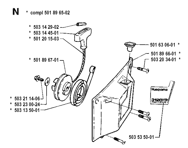 Starter Diagram and Parts List for 3120 19900100001-19942300000 Husqvarna Chainsaw