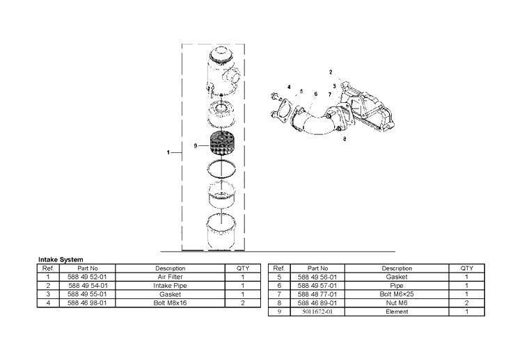 Intake System Diagram and Parts List for TF544  Husqvarna Cultivator