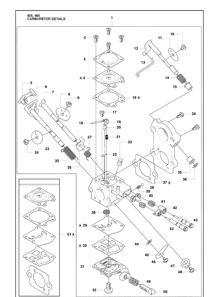 Carburetor Details Diagram and Parts List for 460 2009-10 Husqvarna Chainsaw