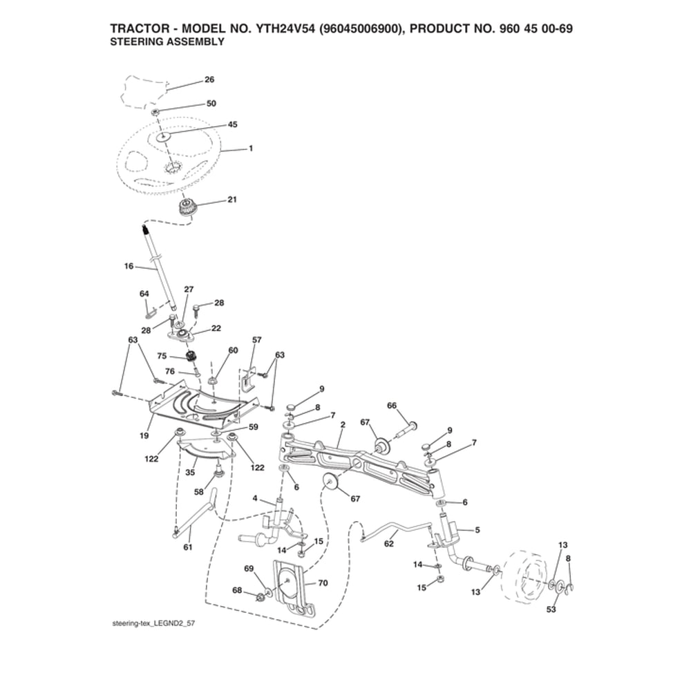 Steering Assy Diagram and Parts List for 96045006900  Husqvarna Lawn Tractor