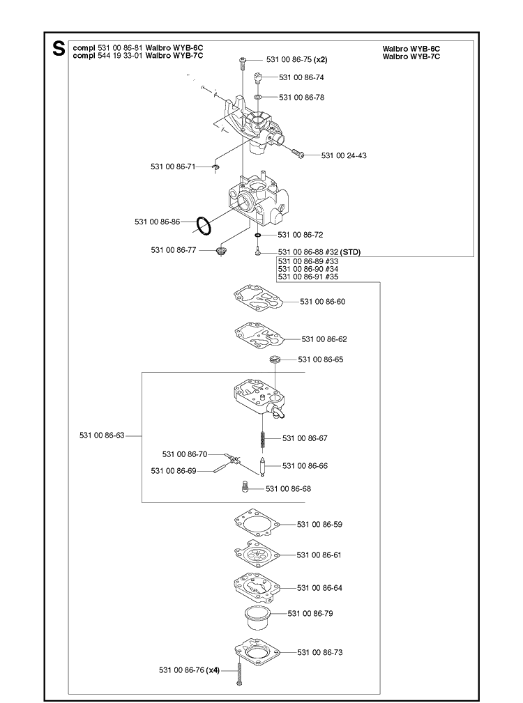 Carburetor Details Diagram and Parts List for 224L  Husqvarna Edger