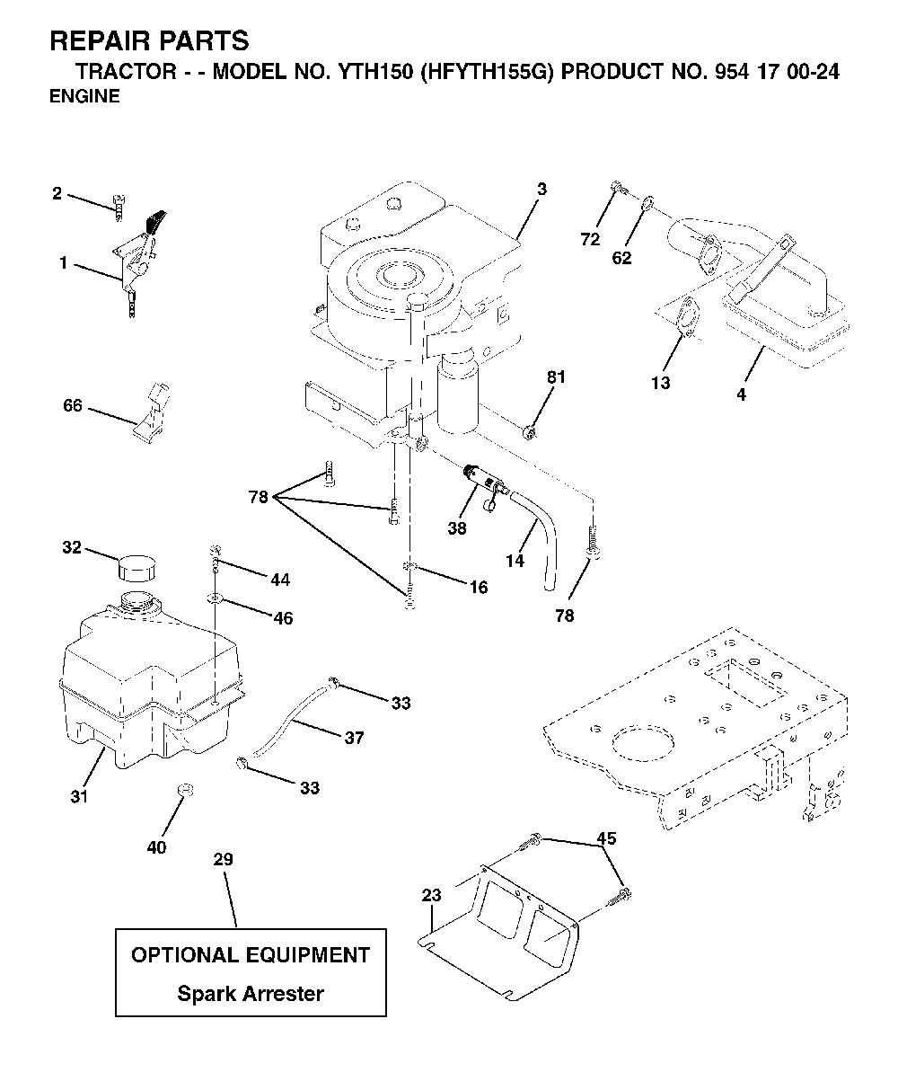 Engine And Cutting Equipment Diagram and Parts List for YTH150 (HFYTH155G, 954170024)(2001-01) Husqvarna Lawn Tractor