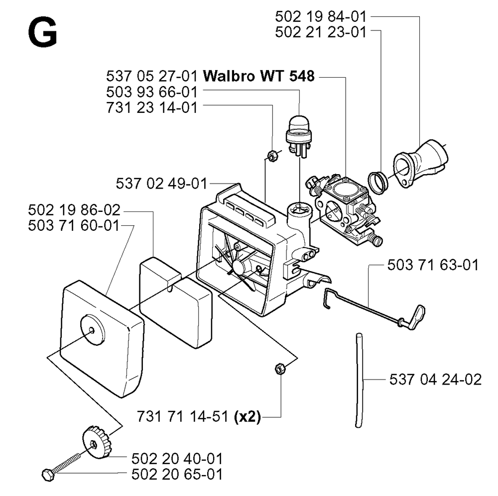 Carburetor And Air Filter Diagram and Parts List for 225RJ 20004000001 & Above Husqvarna Trimmer