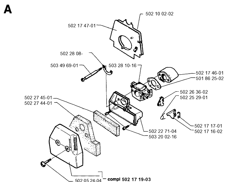 Carburetor And Air Filter Diagram and Parts List for 250RX 19954000001-19973100000 Husqvarna Brush Cutter