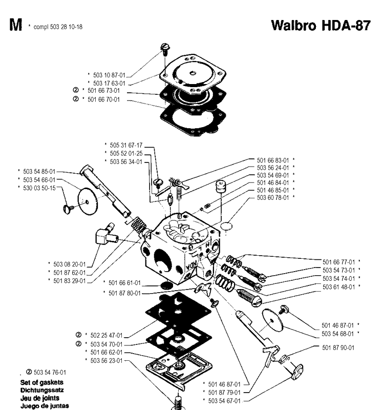 Carburetor Details Diagram and Parts List for 262XP 19900900001-19910900000 Husqvarna Chainsaw