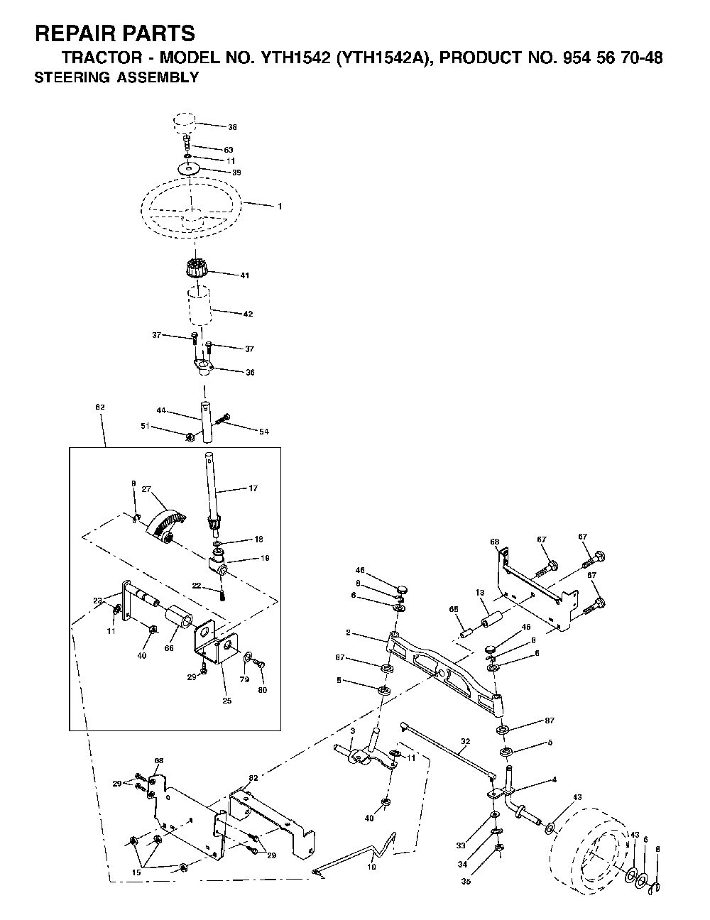 Steering Diagram and Parts List for YTH1542A (954567048)(2000-11) Husqvarna Lawn Tractor
