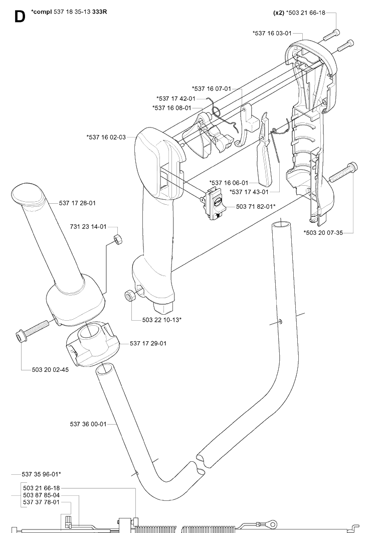 Handle And Controls Diagram and Parts List for 335R  Husqvarna Brush Cutter
