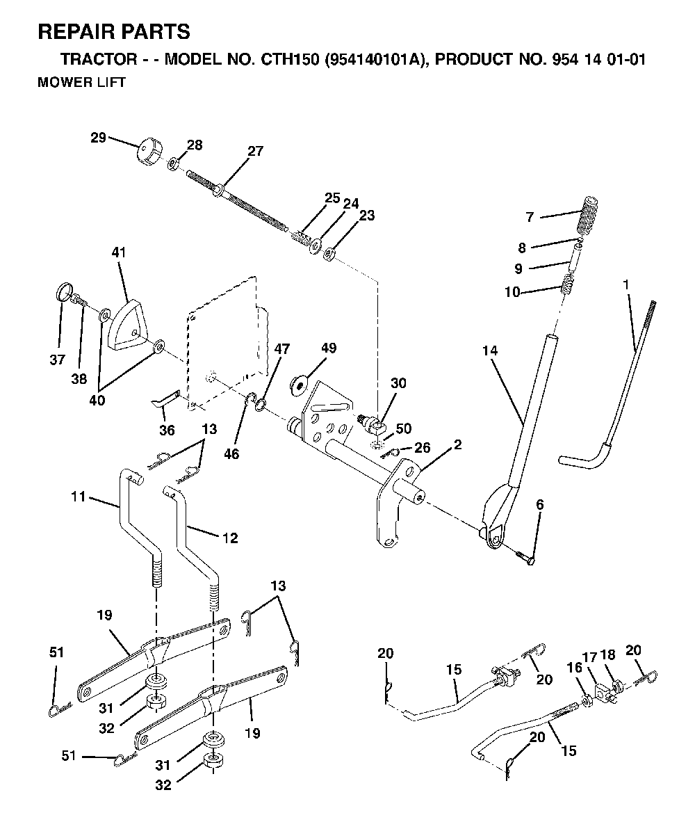 Mower Lift / Deck Lift Diagram and Parts List for CTH150 (954140101A)(1999-10) Husqvarna Lawn Tractor