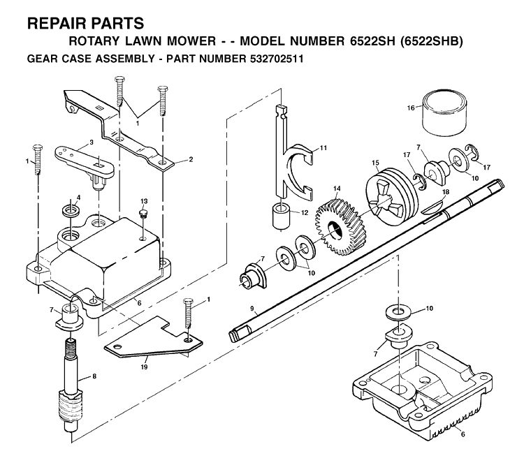 Gear Case Diagram and Parts List for 6522SH (954222718)(2001-10) Husqvarna Lawn Mower