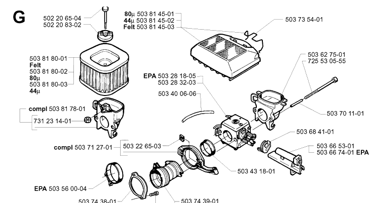 Carburetor And Air Filter Diagram and Parts List for 365 20034400001-20051800000 Husqvarna Chainsaw