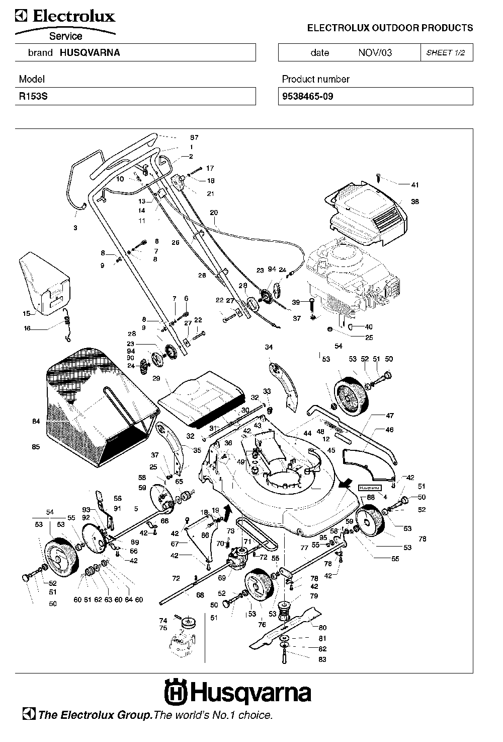 Product Complete Diagram and Parts List for R153S 9538465-09, 2004-03 Husqvarna Lawn Mower