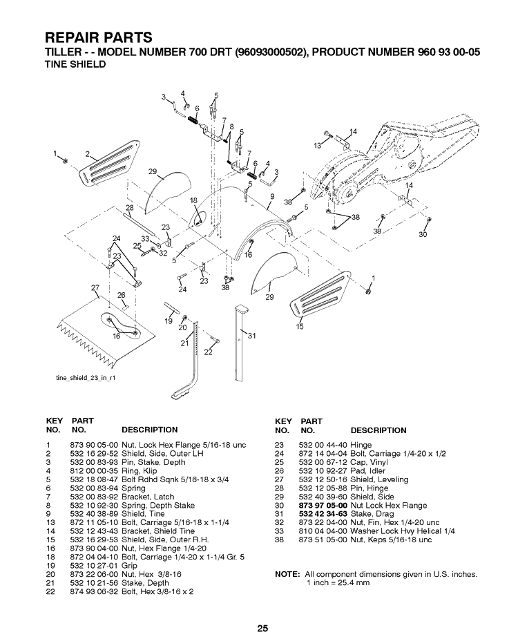 Tine Shield Diagram and Parts List for 700DRT 2009-01 Husqvarna Cultivator