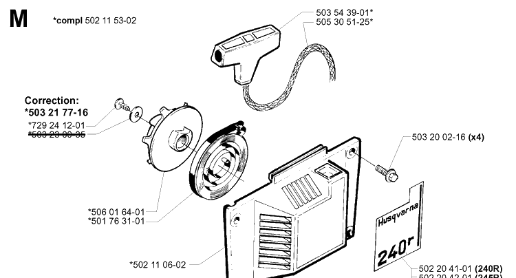 Starter Diagram and Parts List for 245 20010100001-Current Husqvarna Brush Cutter