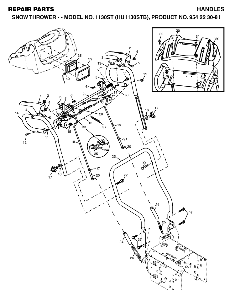 Handle And Controls Diagram and Parts List for 1130ST (HU1130STB)(2004-03) Husqvarna Snow Blower