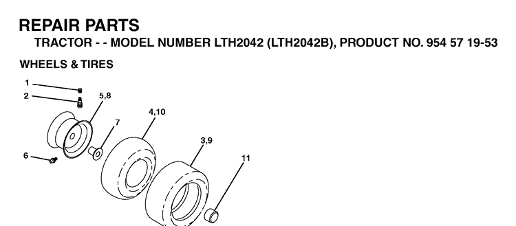 Wheels And Tires Diagram and Parts List for LTH2042-LTH2042B 2004-01 Husqvarna Lawn Tractor