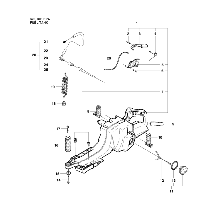 Fuel Tank Diagram and Parts List for 395XP/ (XPG - 395 XP EPA)(20163900001-20193499999) Husqvarna Chainsaw