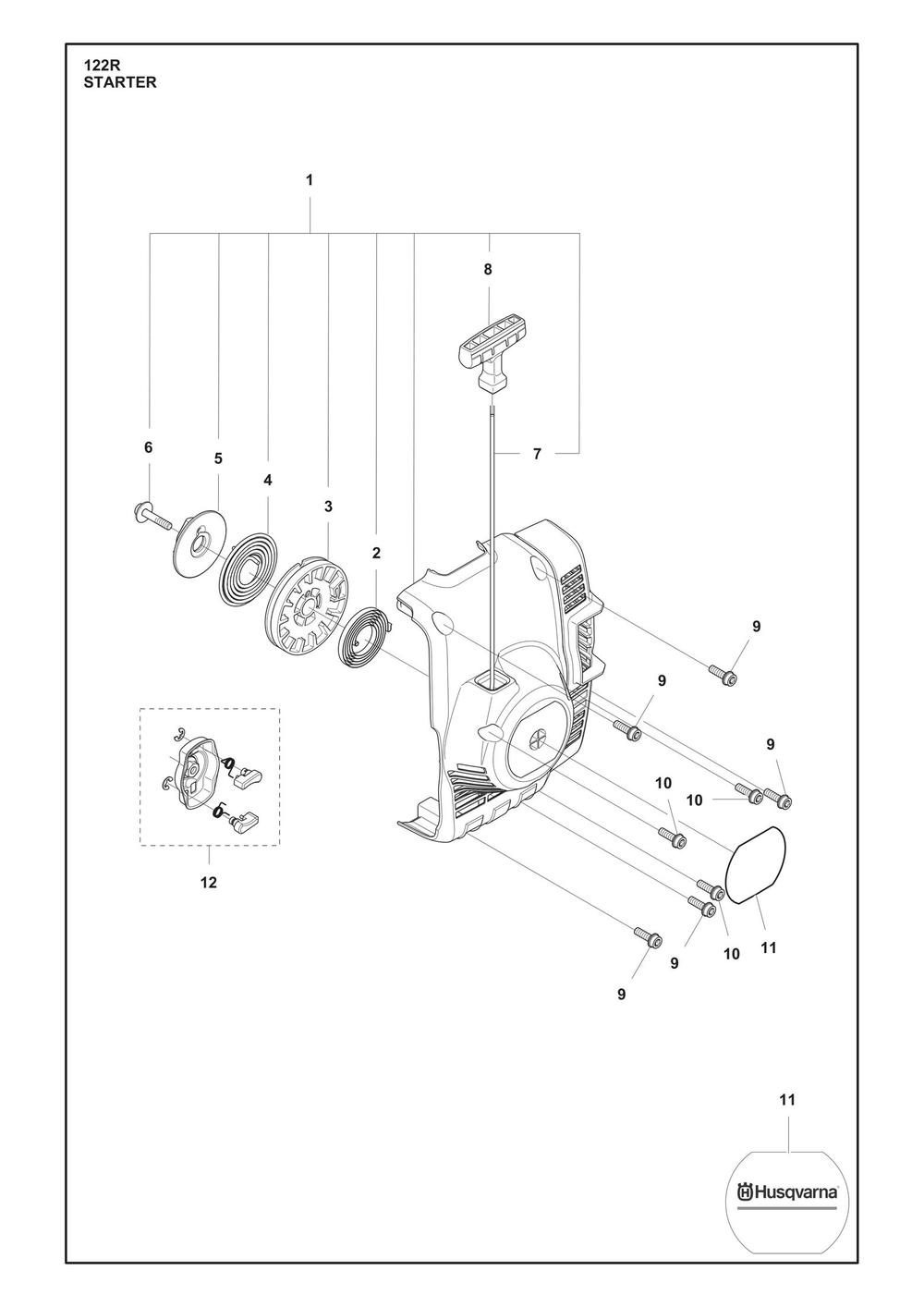 Starter Diagram and Parts List for 122R  Husqvarna Brush Cutter