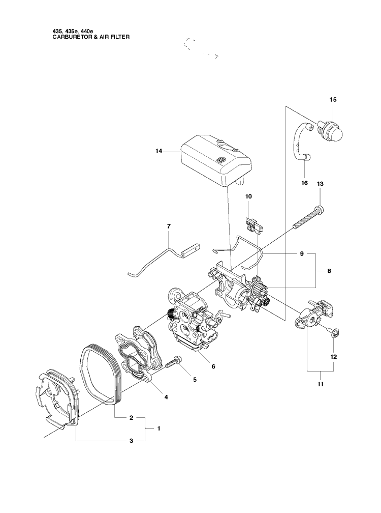Carburetor And Air Filter Diagram and Parts List for 435 20102300001-20111800000 Husqvarna Chainsaw