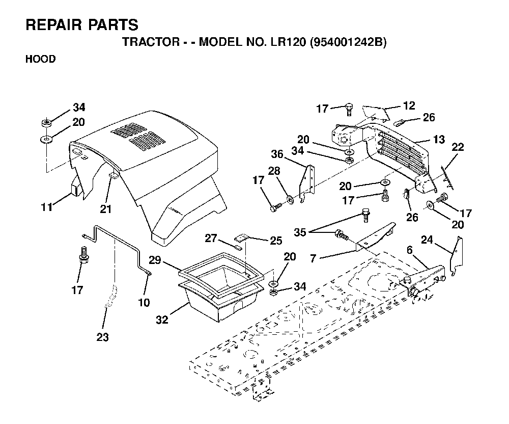 Hood Diagram and Parts List for LR120 (954001242B)(1995-02) Husqvarna Lawn Tractor