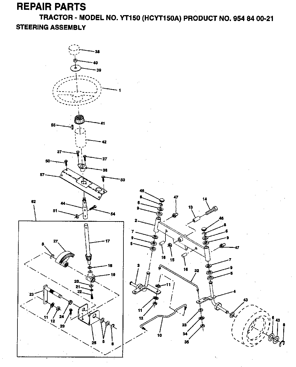 Steering Diagram and Parts List for YT150 (HCYT150A, 954840021)(1996-01) Husqvarna Lawn Tractor