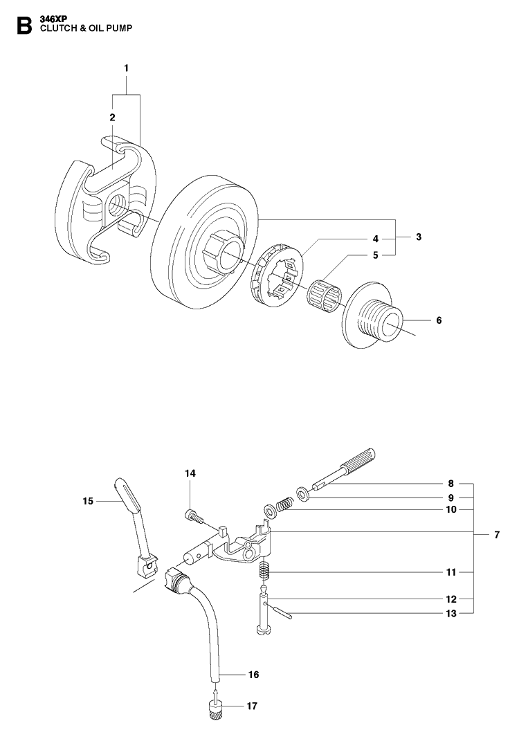 Clutch Oil Pump Diagram and Parts List for 346XP 2011-01 Husqvarna Chainsaw