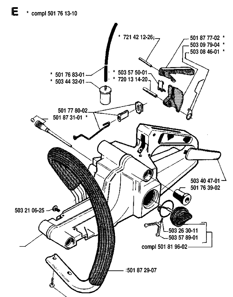 Fuel Tank And Handle Diagram and Parts List for 55 19914000001-19942300000 Husqvarna Chainsaw